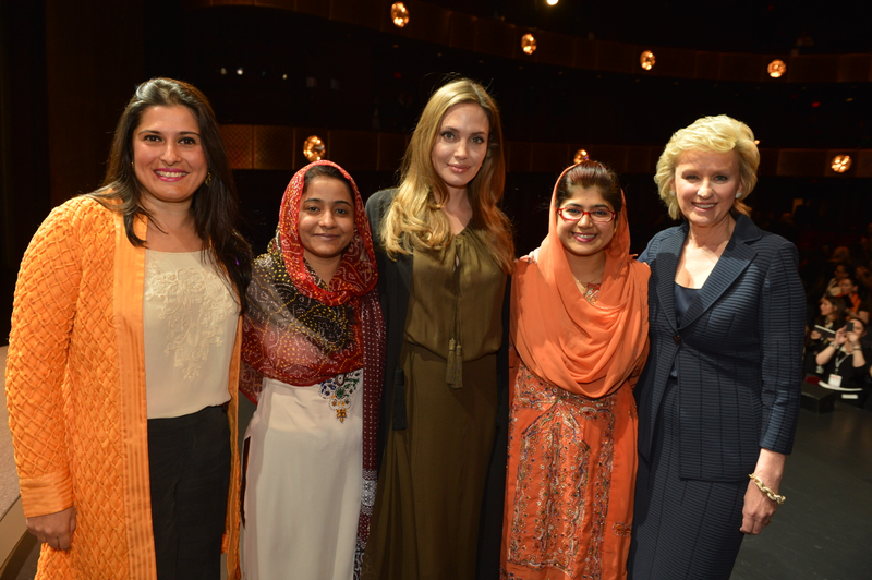 Sharmeen, Humaira, Angelina Jolie and Khalida Brohi with another participant at the event